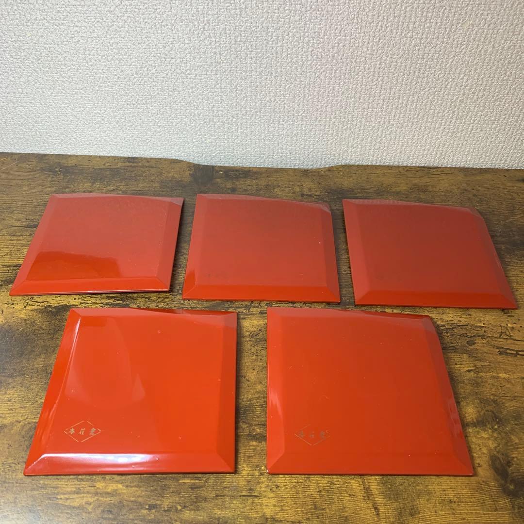 E-1 【極美品】伝統工芸 漆器 銘々皿 5枚セット 朱塗り 菊蒔絵 菓子皿