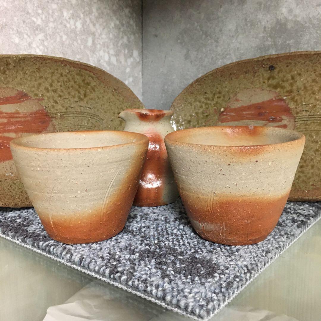 備前焼　作家物　晩酌セット　ペア　楕円皿　中皿　ロック杯　酒器