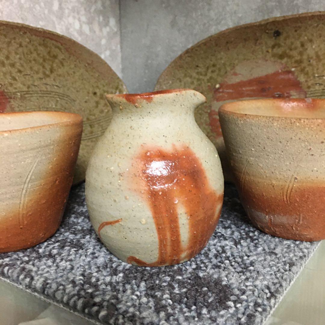 備前焼　作家物　晩酌セット　ペア　楕円皿　中皿　ロック杯　酒器