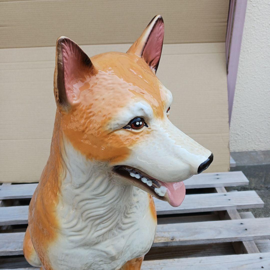 新品　陶器犬　大型犬　柴犬　難有　オブジェ　置物　イエロー　黄　オーナメント　庭