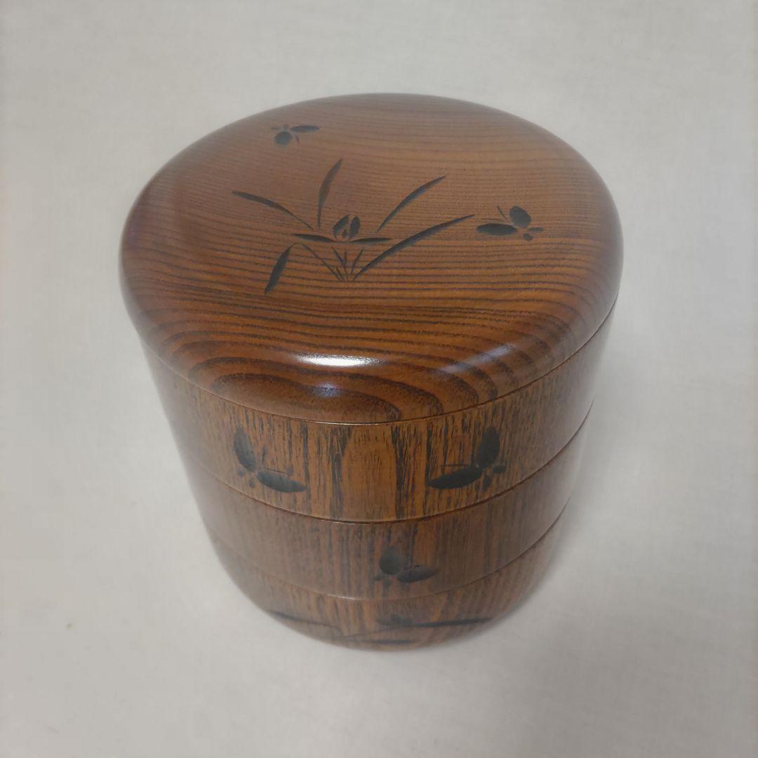 丸形 三段重 重箱 天然木製 菓子器 蝶彫 木製重箱 菓子鉢