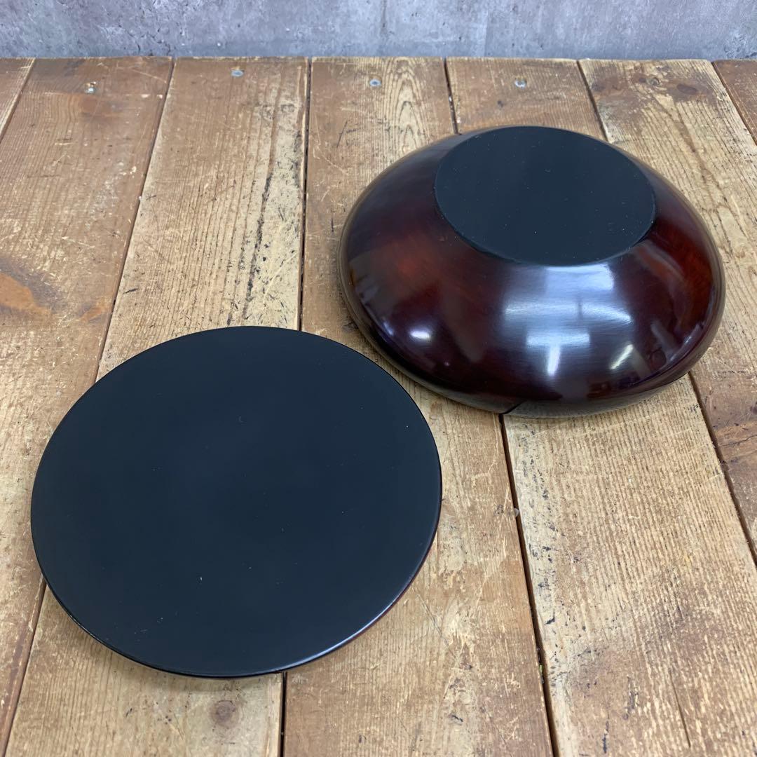 D-4 【極美品】伝統工芸 漆器 菓子器＆丸盆セット 溜塗風 天然木 茶道具