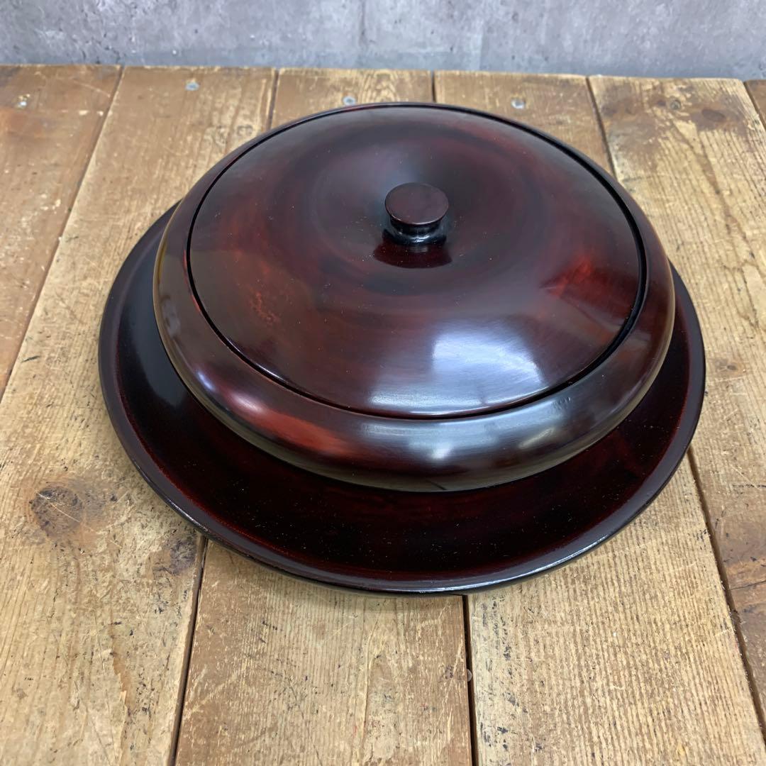 D-4 【極美品】伝統工芸 漆器 菓子器＆丸盆セット 溜塗風 天然木 茶道具