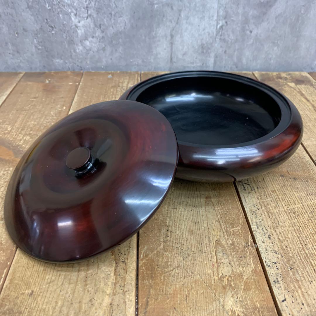 D-4 【極美品】伝統工芸 漆器 菓子器＆丸盆セット 溜塗風 天然木 茶道具
