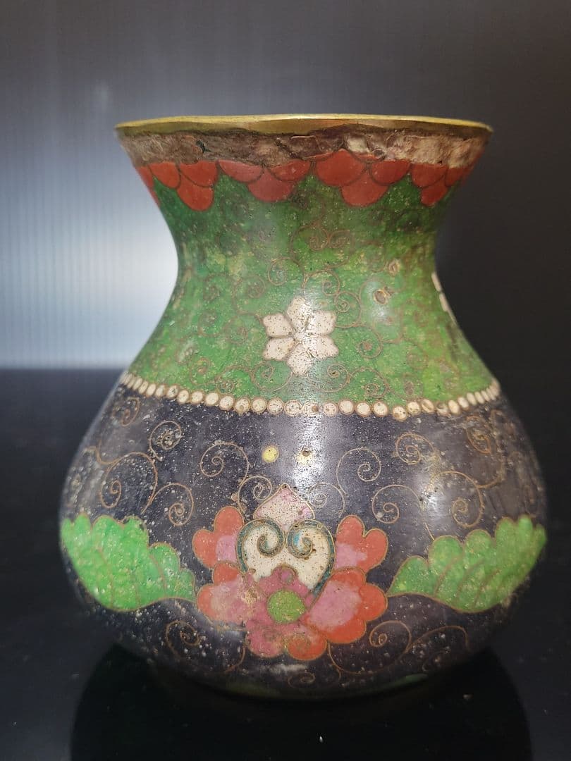 古い七宝焼 花瓶 花唐草図