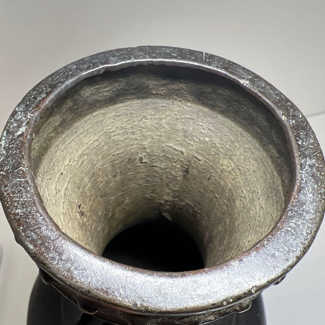 中国古玩　古銅獅子耳花入木箱付　高27.5㎝/1590g 東Y8-0313☆2F