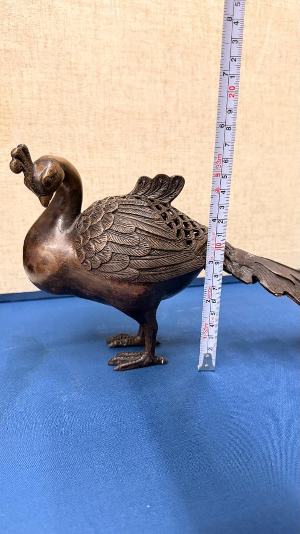 【香炉 孔雀】鉄製 青鸞 置物 / 和風 お香 癒し横35cm x 高16cm