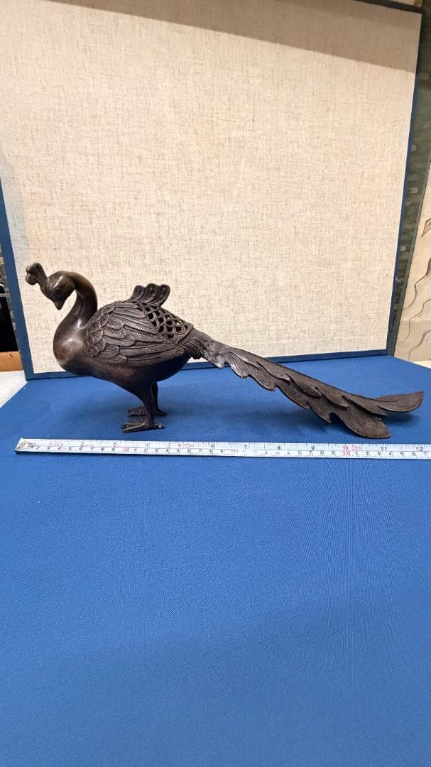 【香炉 孔雀】鉄製 青鸞 置物 / 和風 お香 癒し横35cm x 高16cm