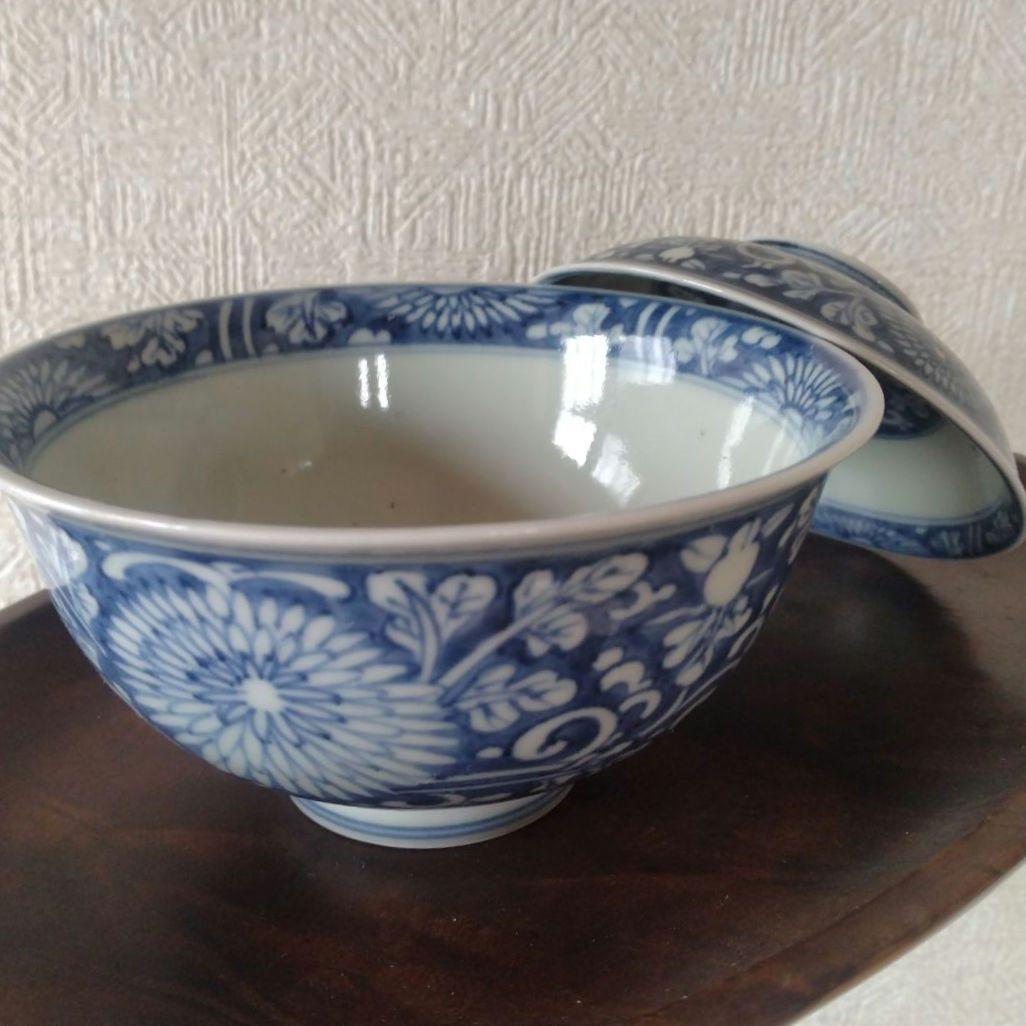 《期間限定セール！〜2/28まで》古伊万里染付菊唐草蓋付茶碗道光年製