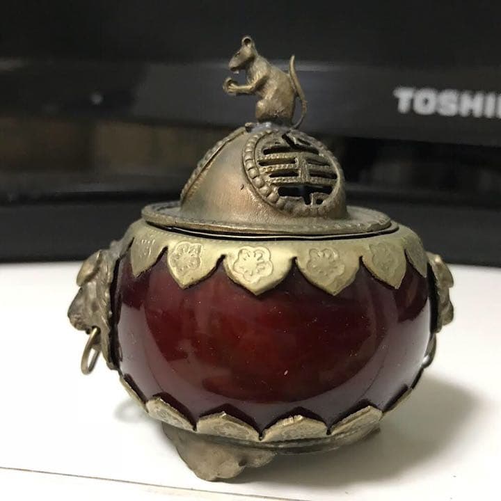 瑪瑙象嵌 三足獅子 香薰炉 香炉 紋銀