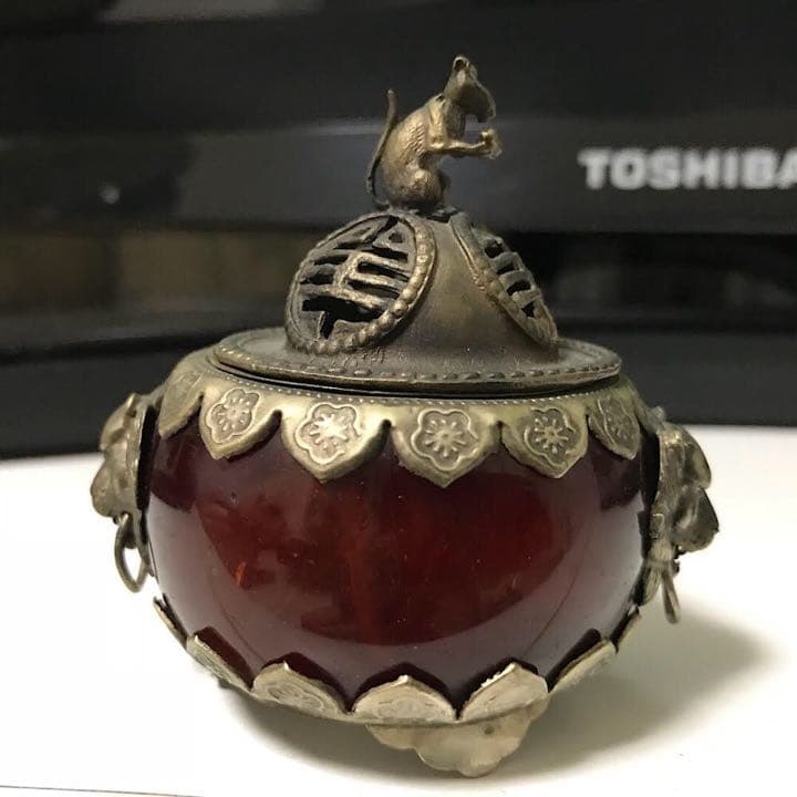 瑪瑙象嵌 三足獅子 香薰炉 香炉 紋銀