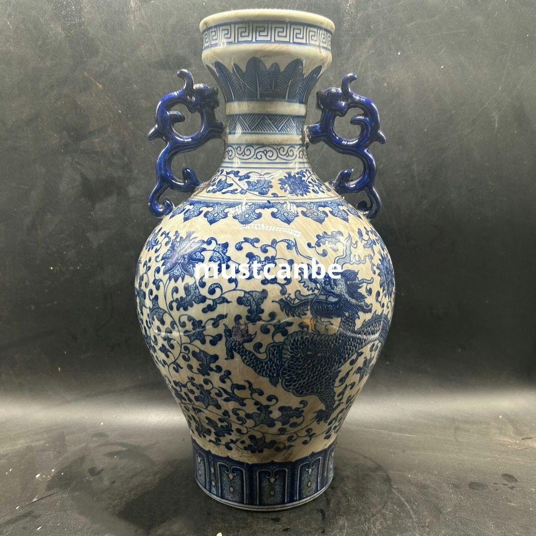 青花双耳海水纏枝蓮双龍紋瓶 景徳鎮 陶磁器 装飾品 現代工芸品 美術品 置物