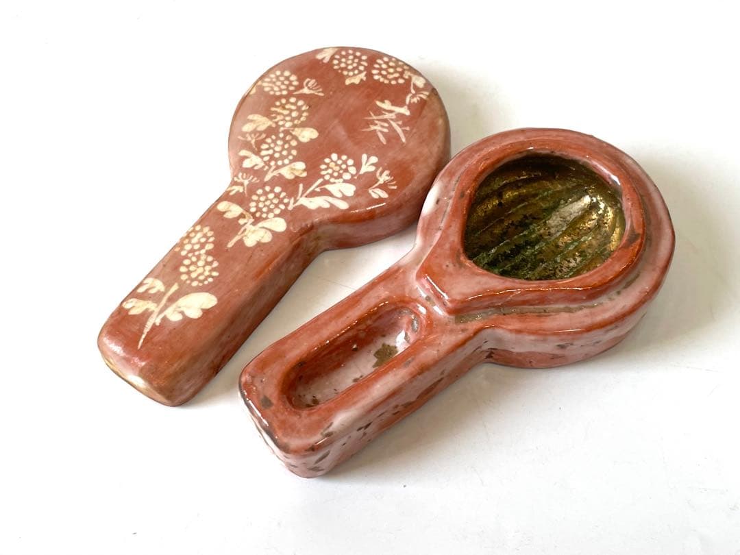 茶道具　玄々斎好　手鏡形香合　楽焼　赤楽　共箱　香合　鏡