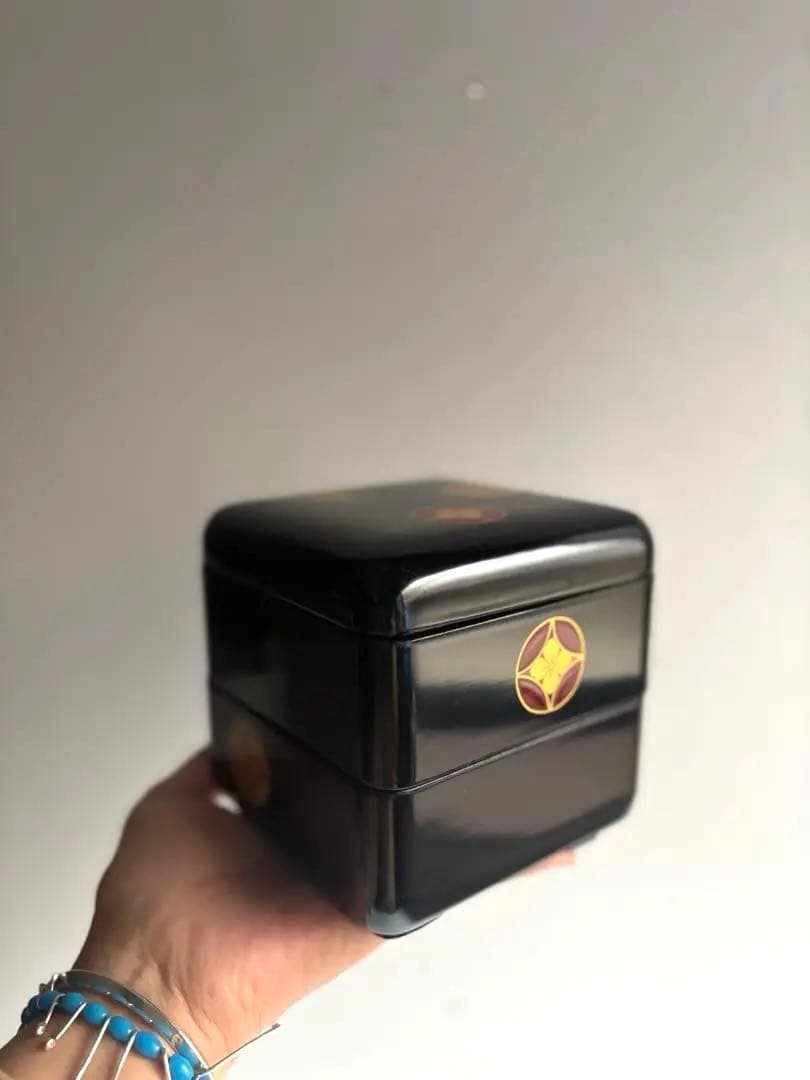 911 会津塗 木製本漆塗 七宝紋二段小重 重箱 菓子器 伝統工芸品 未使用
