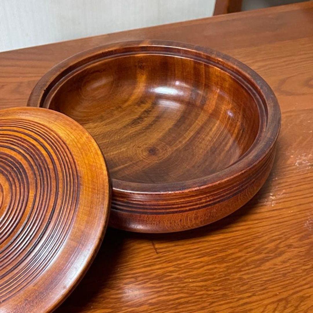木製 蓋付き 菓子器 丸型 彫刻模様