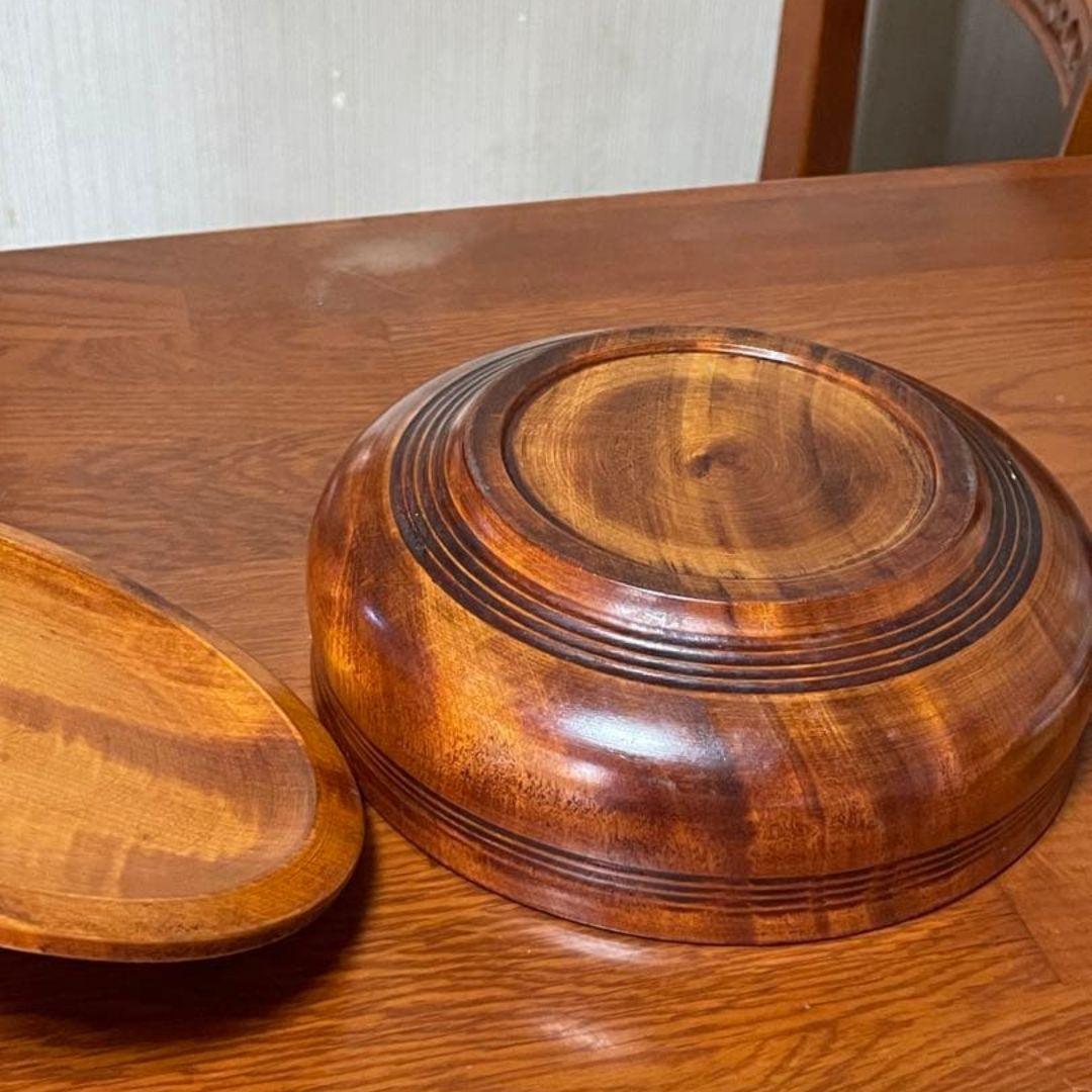 木製 蓋付き 菓子器 丸型 彫刻模様