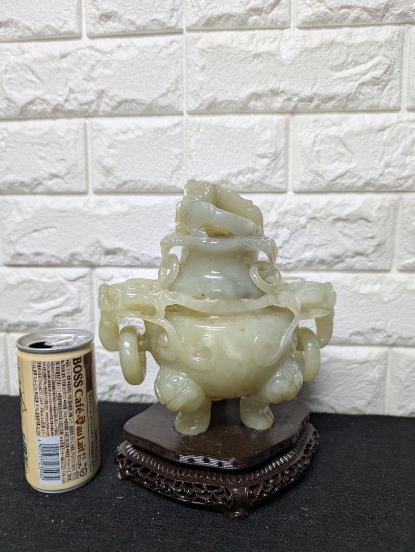 中国玉 鼎式香炉 獅子鈕 三足炉 玉彫刻 置物 台座付
