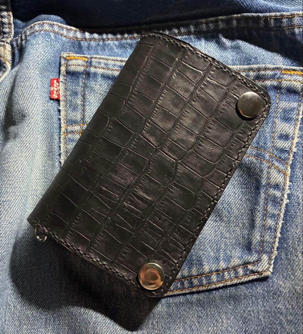 トラッカーウォレット　ミドル　クロコ型押し×ブルガロ　925フラワーコンチョ
