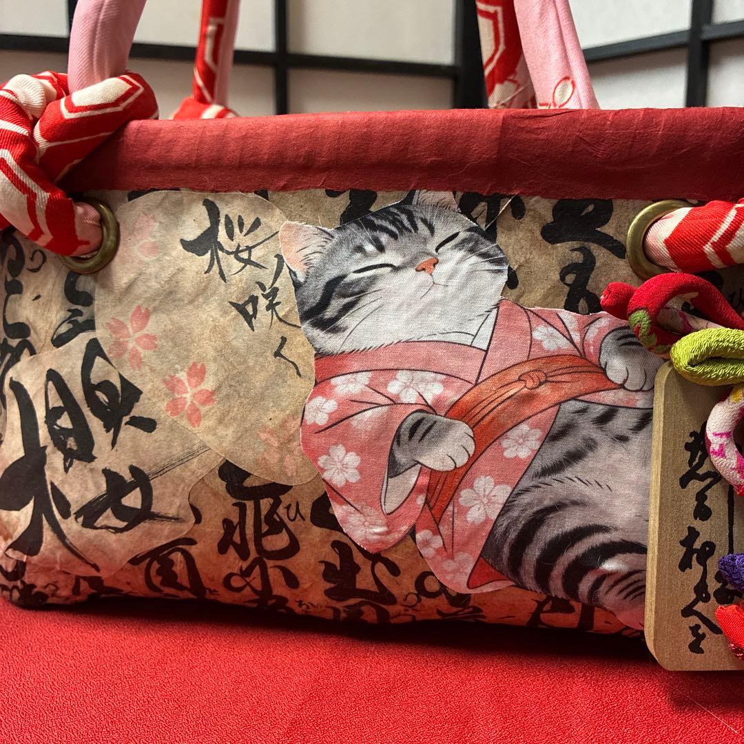 桜咲く居眠り猫 一閑張り バッグ かごバッグ ハンドバッグ 古文書 茶トラ