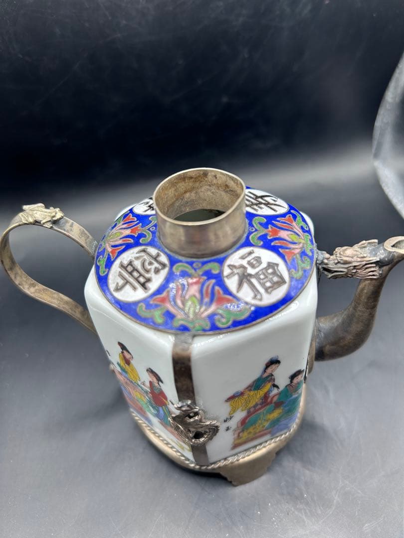 【大清乾隆年製】粉彩美人図 六角銀装飾ポット 龍鳳凰 彫金 足銀 225g