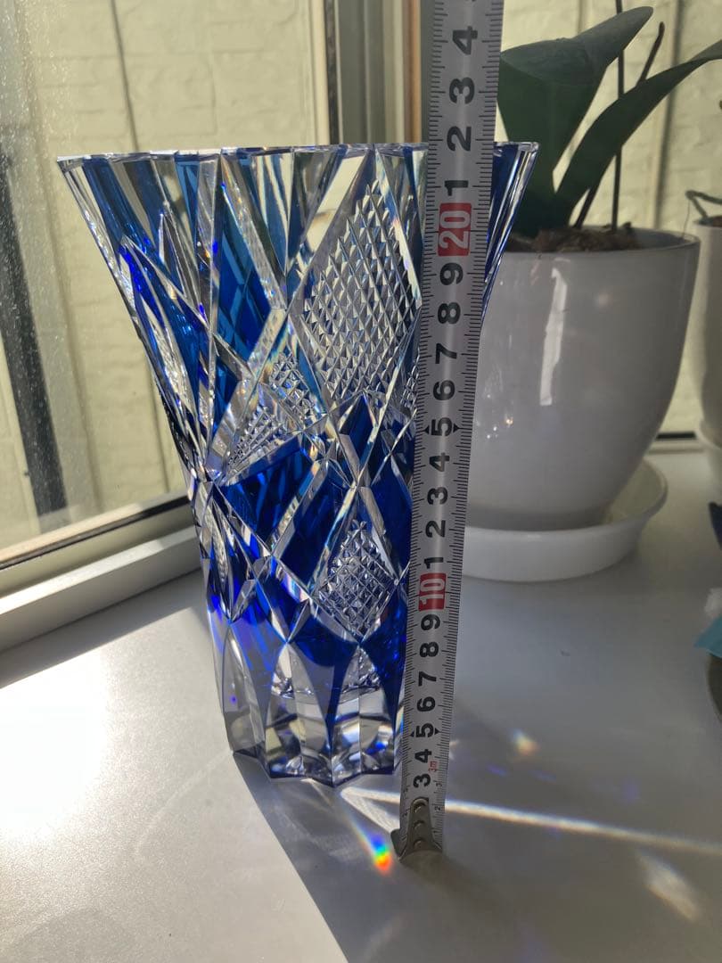 昭和レトロ◆江戸切子◆花器 花瓶◆昭和後期◆青被せ カットガラス◆ヴィンテージ