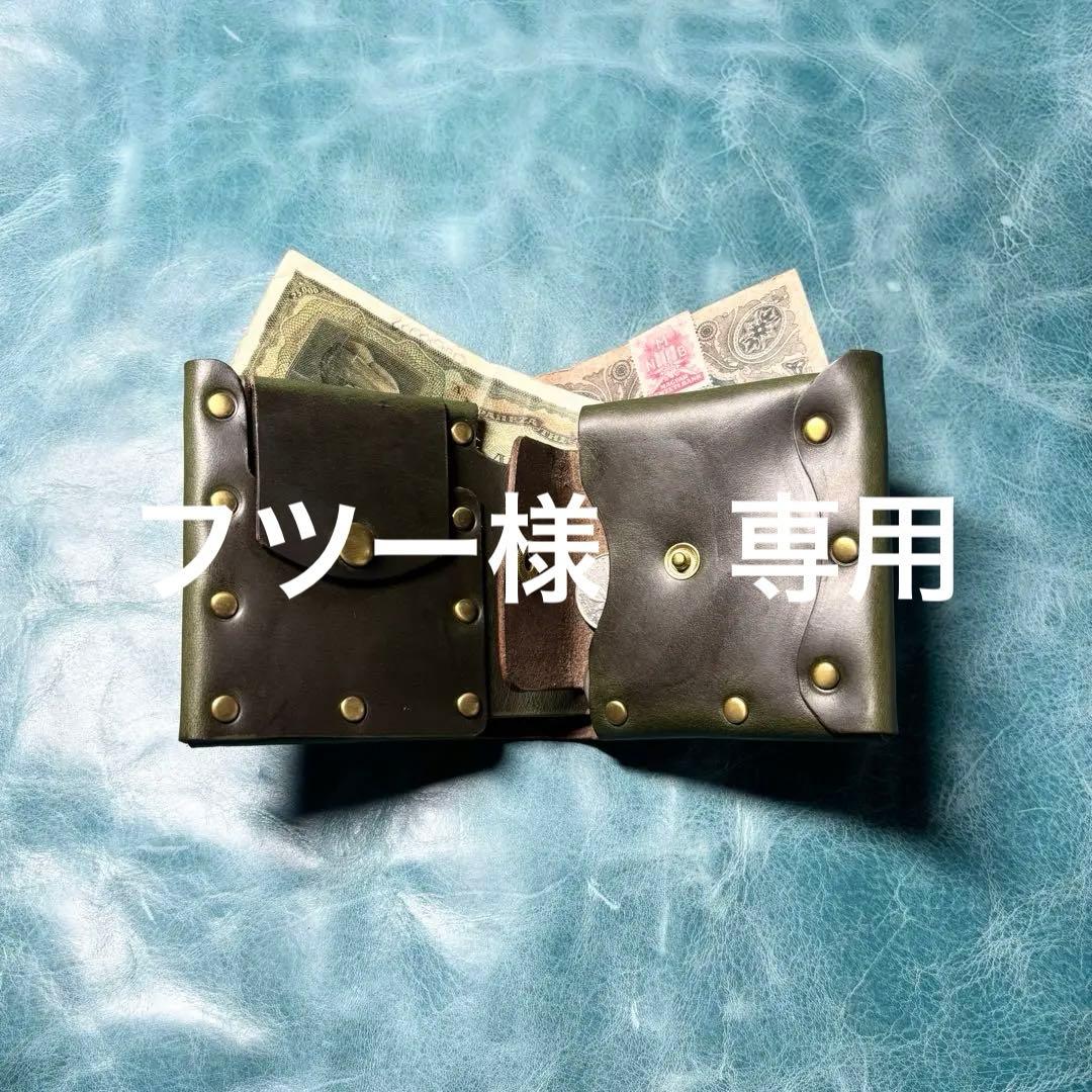 ハンドメイド　二つ折り　革財布　クロムエクセル　緑色　真鍮　cx-hw-000
