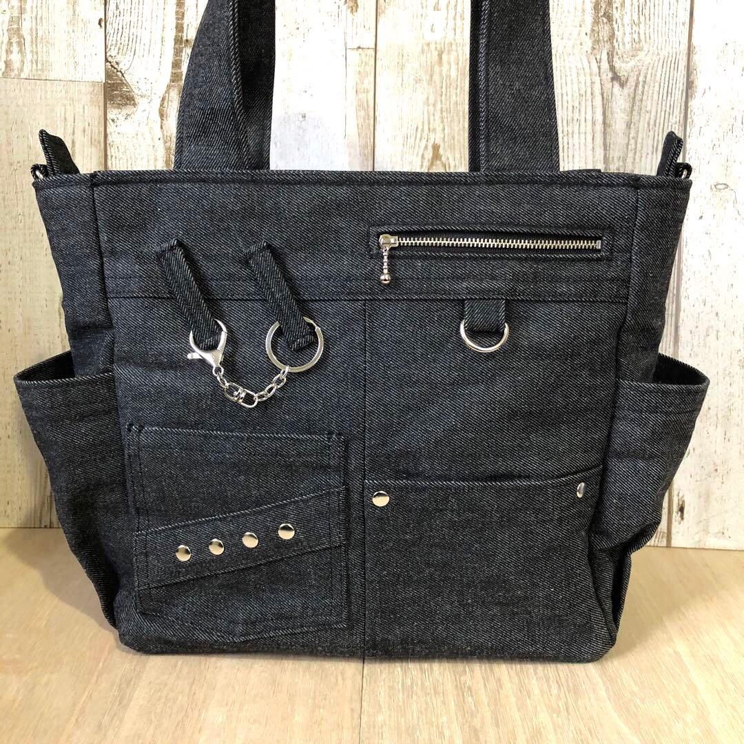 トートバッグ　ハンドメイド　デニムリメイク　ブラック　両開き【新品デニム】