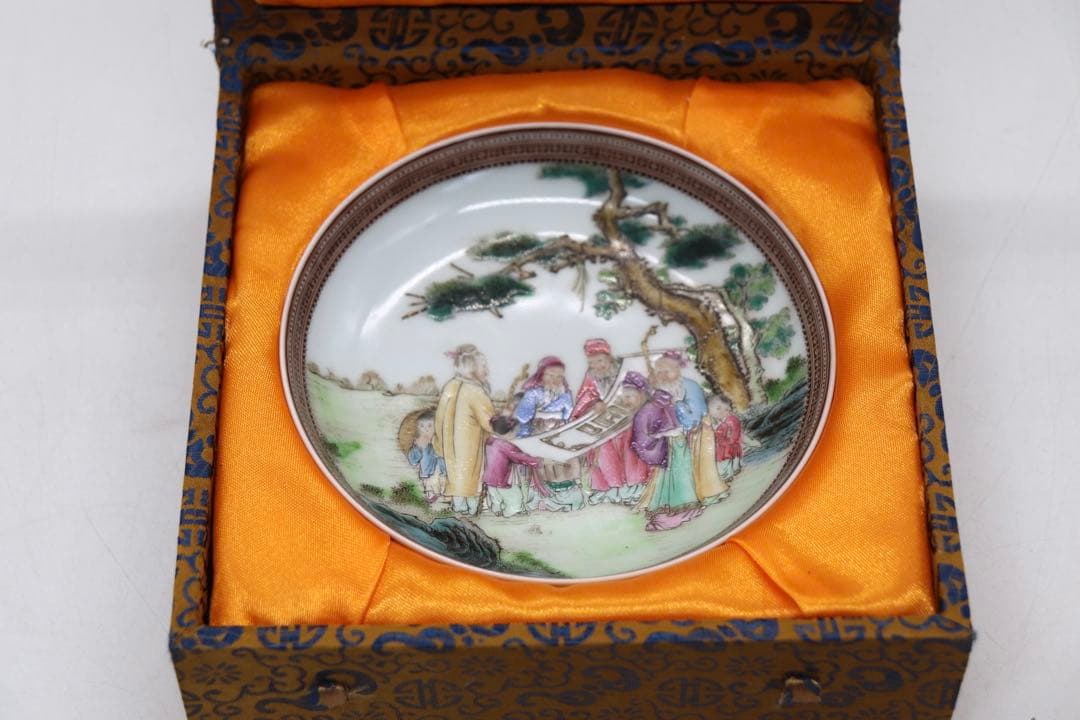 中国　粉彩五老觀画図盤　大清乾隆年製銘　景徳鎮窯　箱入　送料込み0322