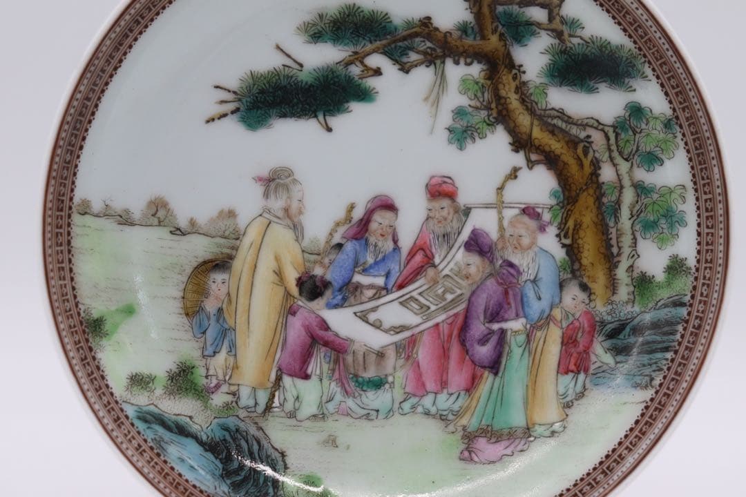 中国　粉彩五老觀画図盤　大清乾隆年製銘　景徳鎮窯　箱入　送料込み0322
