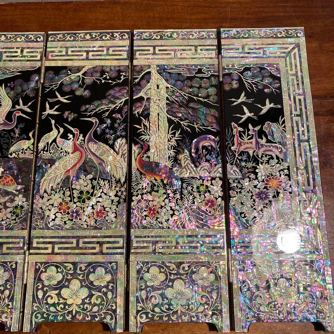 螺鈿細工 六曲小型屏風 衝立 オブジェ 中国美術 鶴亀 アート コレクション