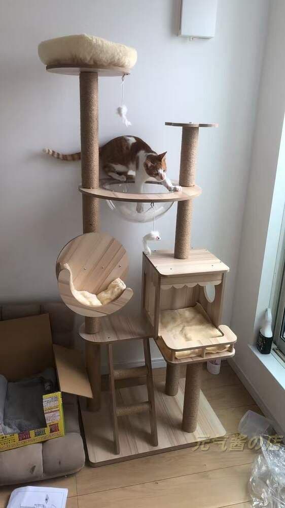 木製キャットタワ一太い支柱多頭飼いに安定性拔群爪とぎ付き
