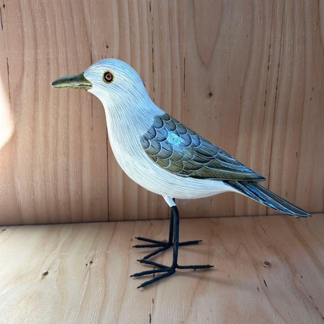 木製 鳥のオブジェ 白とグレー