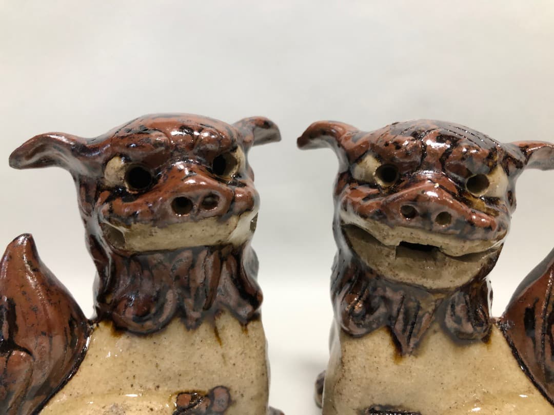 獅子　シーサー　胡差焼　魔除　飾り　置物　大小2対セット