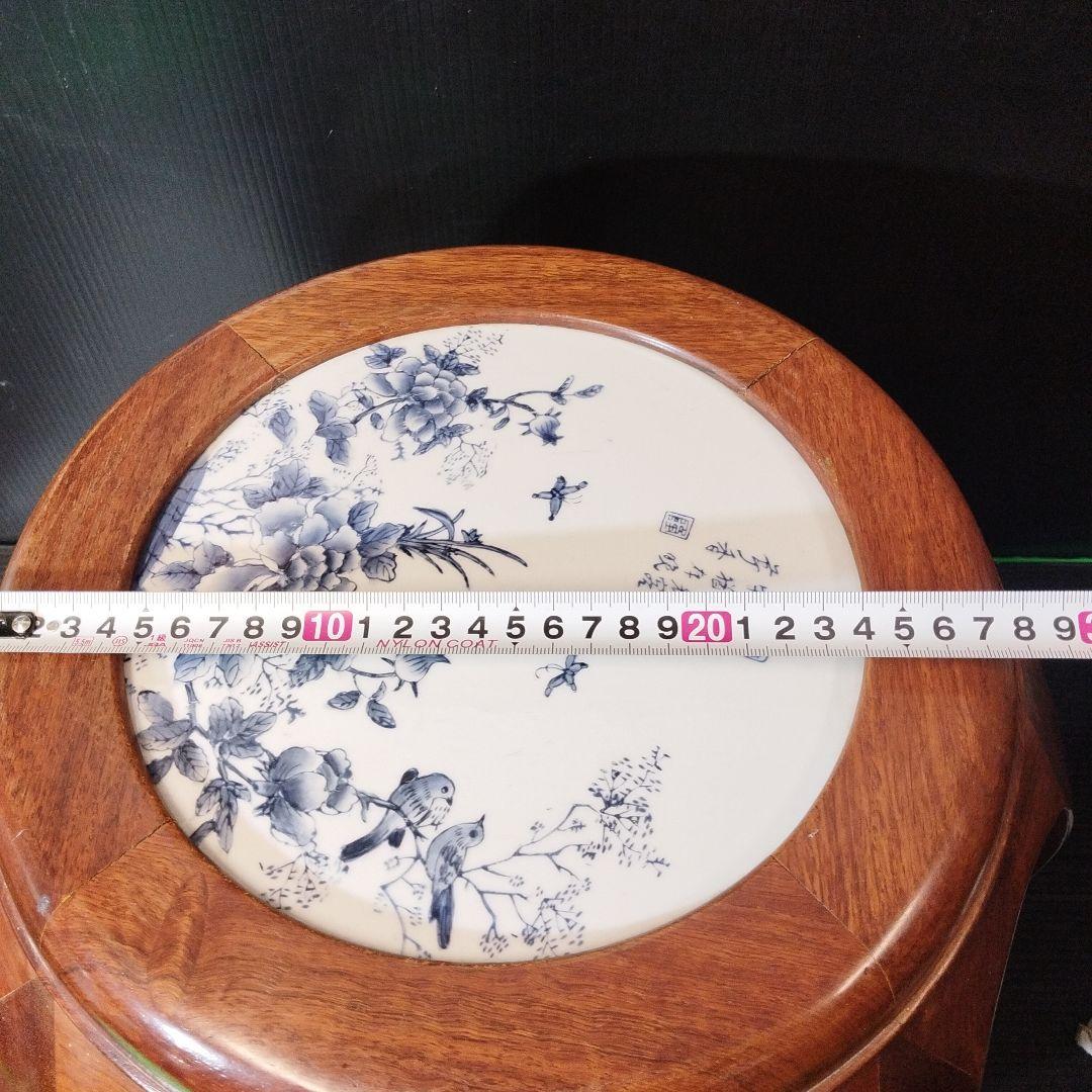 陶器はめ込み 唐木 花梨 無垢 ドラムスツール/椅子 飾り台/花台/香炉台【傷】