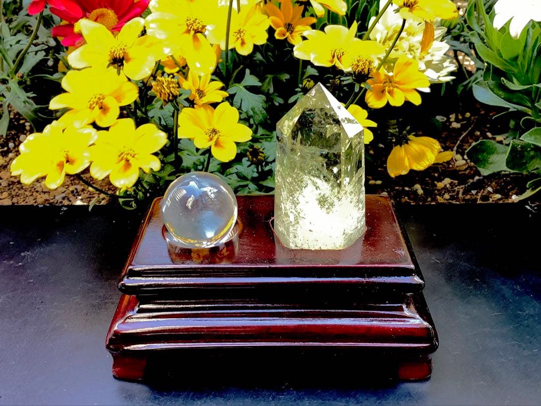 ✳黄色水晶&乙女鉱山水晶*置物　鑑定機関鑑別書付　台座付　吉祥開運　お部屋に‼️
