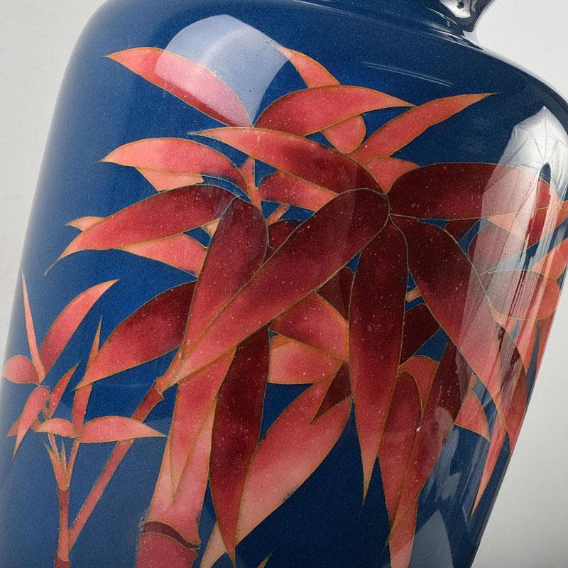 七宝焼　紺釉　朱竹文　花瓶　時代箱　M　R9635H