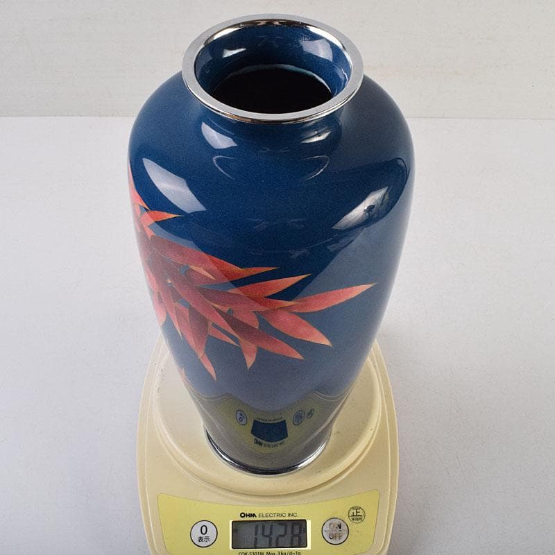 七宝焼　紺釉　朱竹文　花瓶　時代箱　M　R9635H