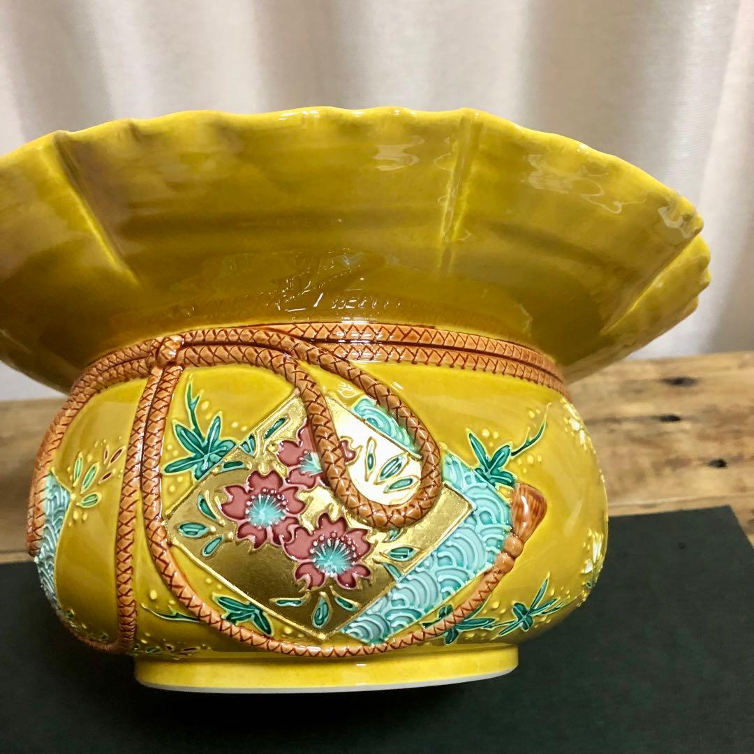 中村翠嵐 古代黄交趾切紙草花水指 共箱 茶道具