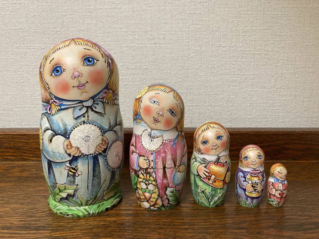 ロシア雑貨☆『タンポポ』ウッドバーニング マトリョーシカ(5P)ミラ作