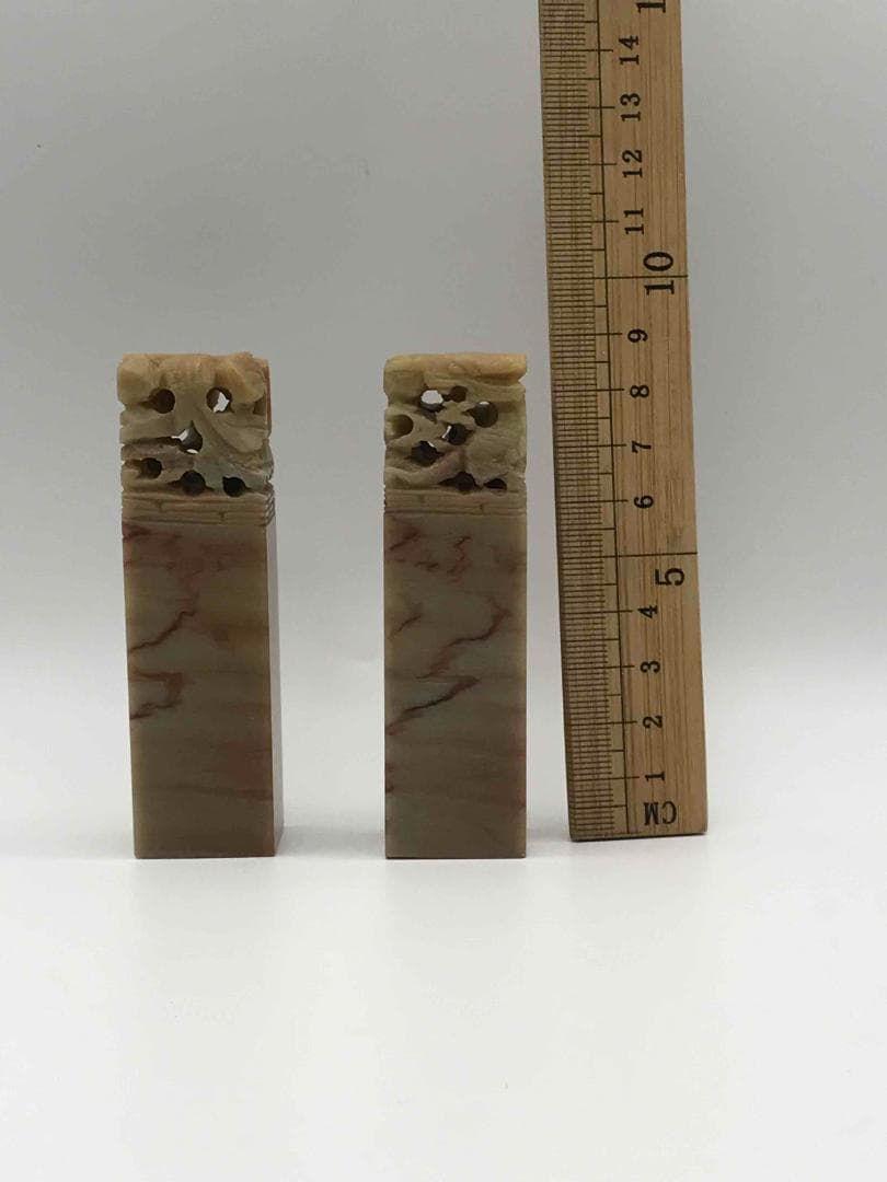 中国美術　篆刻　瑞獣鈕　一対　寿山石　杜陵坑石　石印 彫刻書道 (F-7)