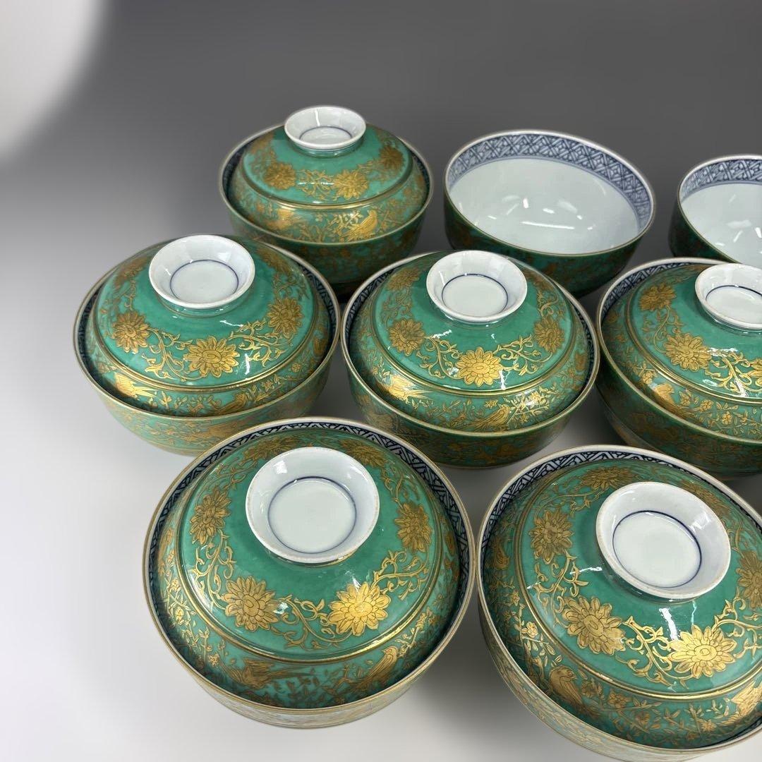 【茶道具】青地金襴手唐草蓋物十客（二個蓋無し）