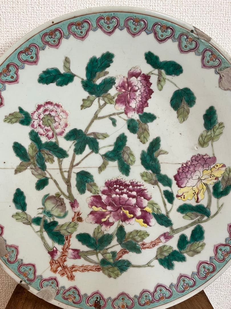 中国美術 清時代 同治年製特大 色絵花卉大皿35cm