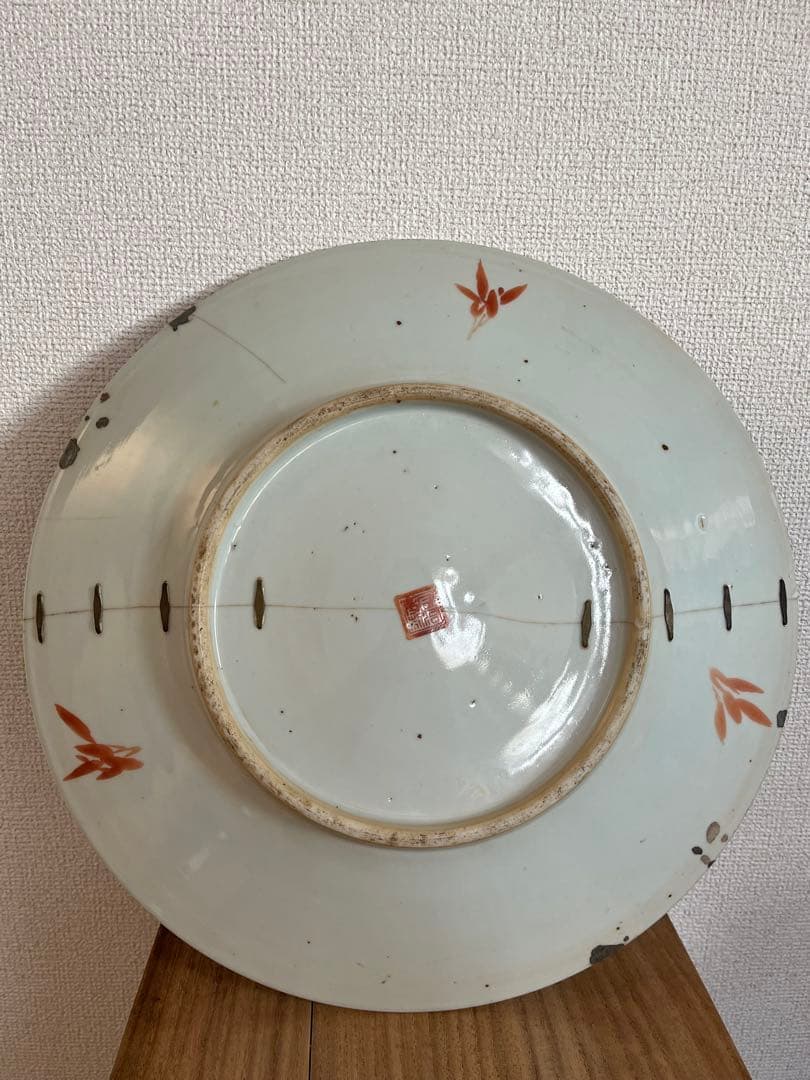 中国美術 清時代 同治年製特大 色絵花卉大皿35cm