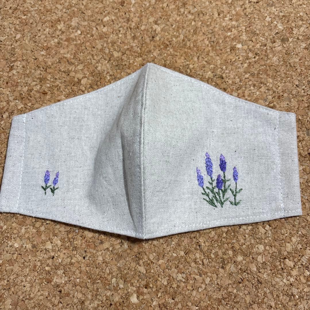 ラベンダー　花刺繍入　マスク　ハンドメイド