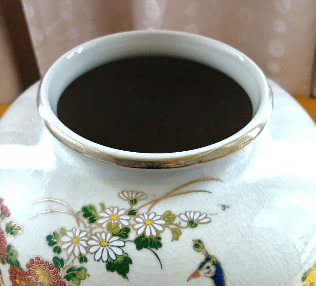 骨董品　九谷焼　仙龍　花瓶　花器　花入　壺　牡丹孔雀　絵付け　色絵　極美品‼️