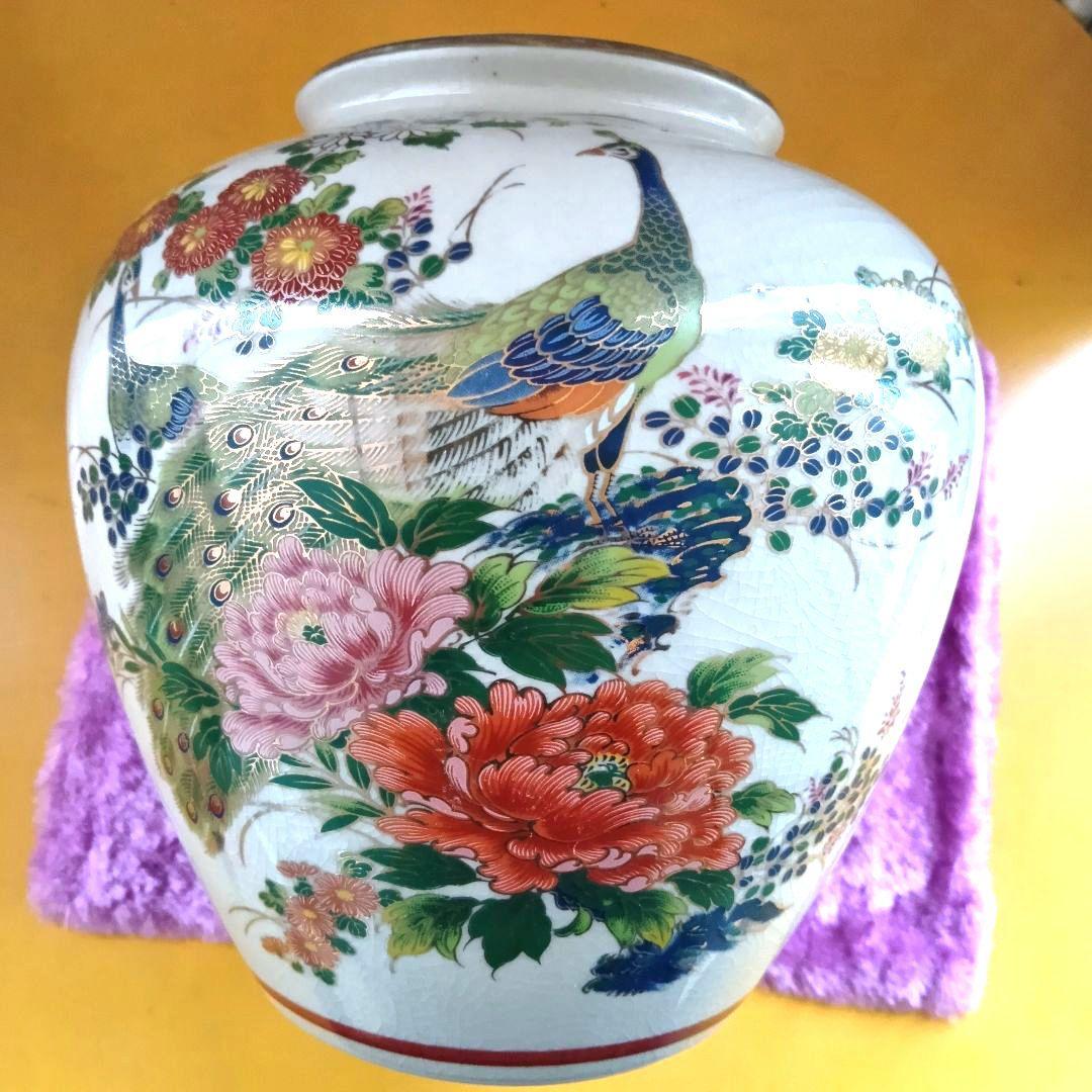 骨董品　九谷焼　仙龍　花瓶　花器　花入　壺　牡丹孔雀　絵付け　色絵　極美品‼️