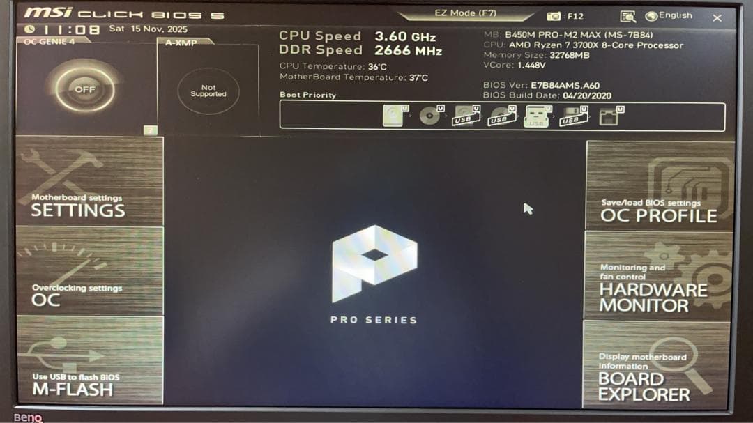 【中古】Ryzen7 3700X + MSI B450M PRO-M2 MAX