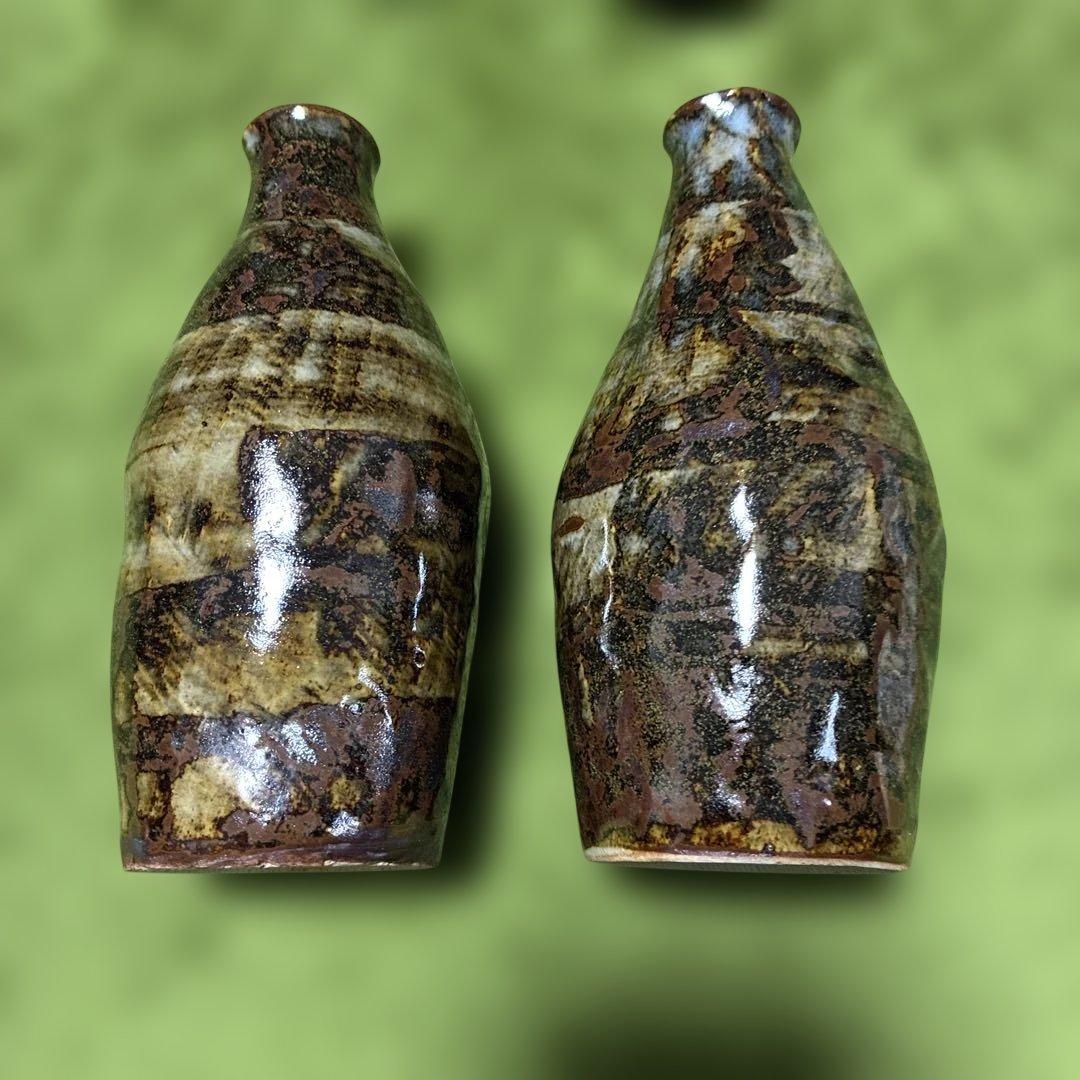 陶器の酒器セット 茶色のグラデーション　徳利とお猪口　福光焼　松村栄吉作