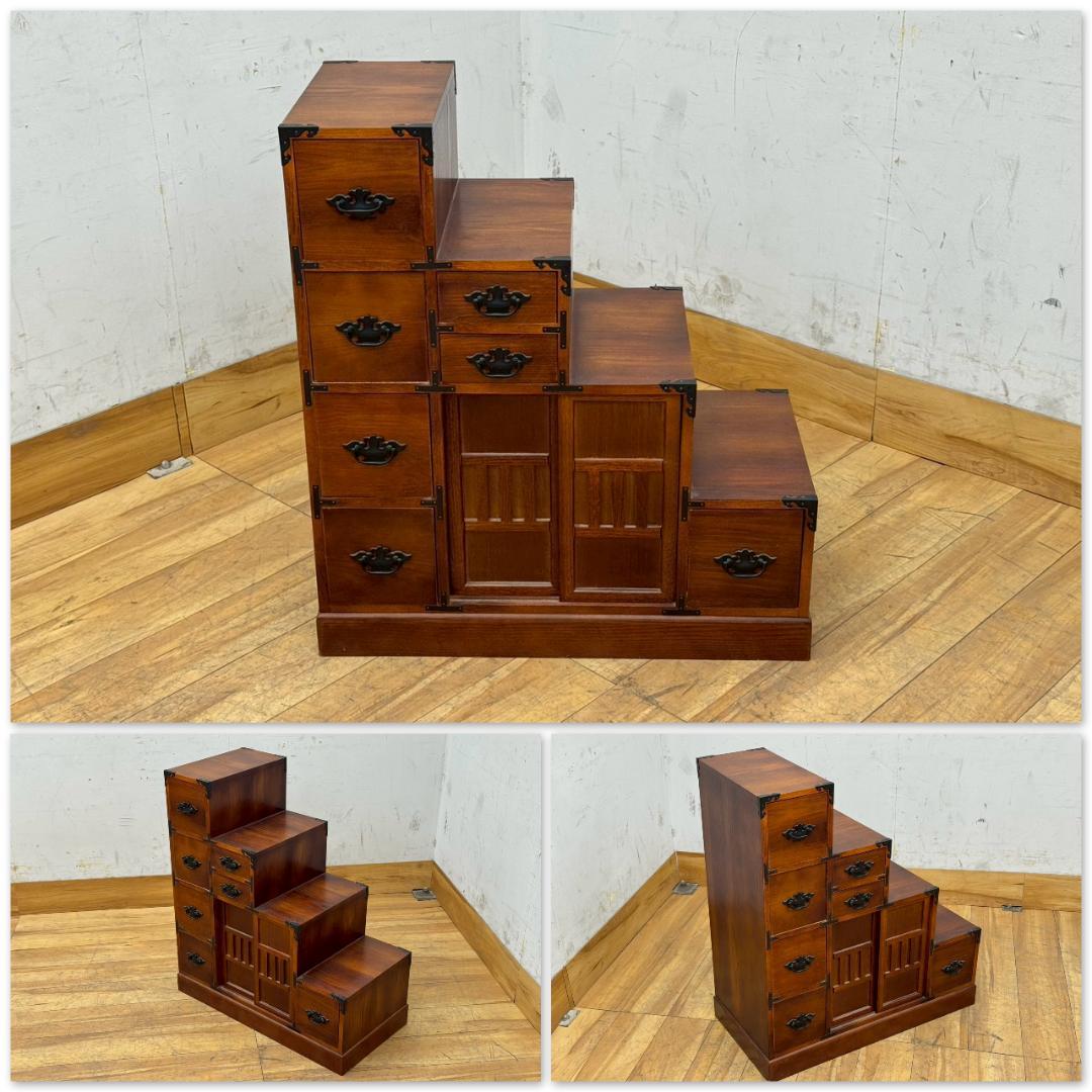 T1618☆階段箪笥　和箪笥　時代箪笥　古家具　昭和レトロ　両面　小引出　収納
