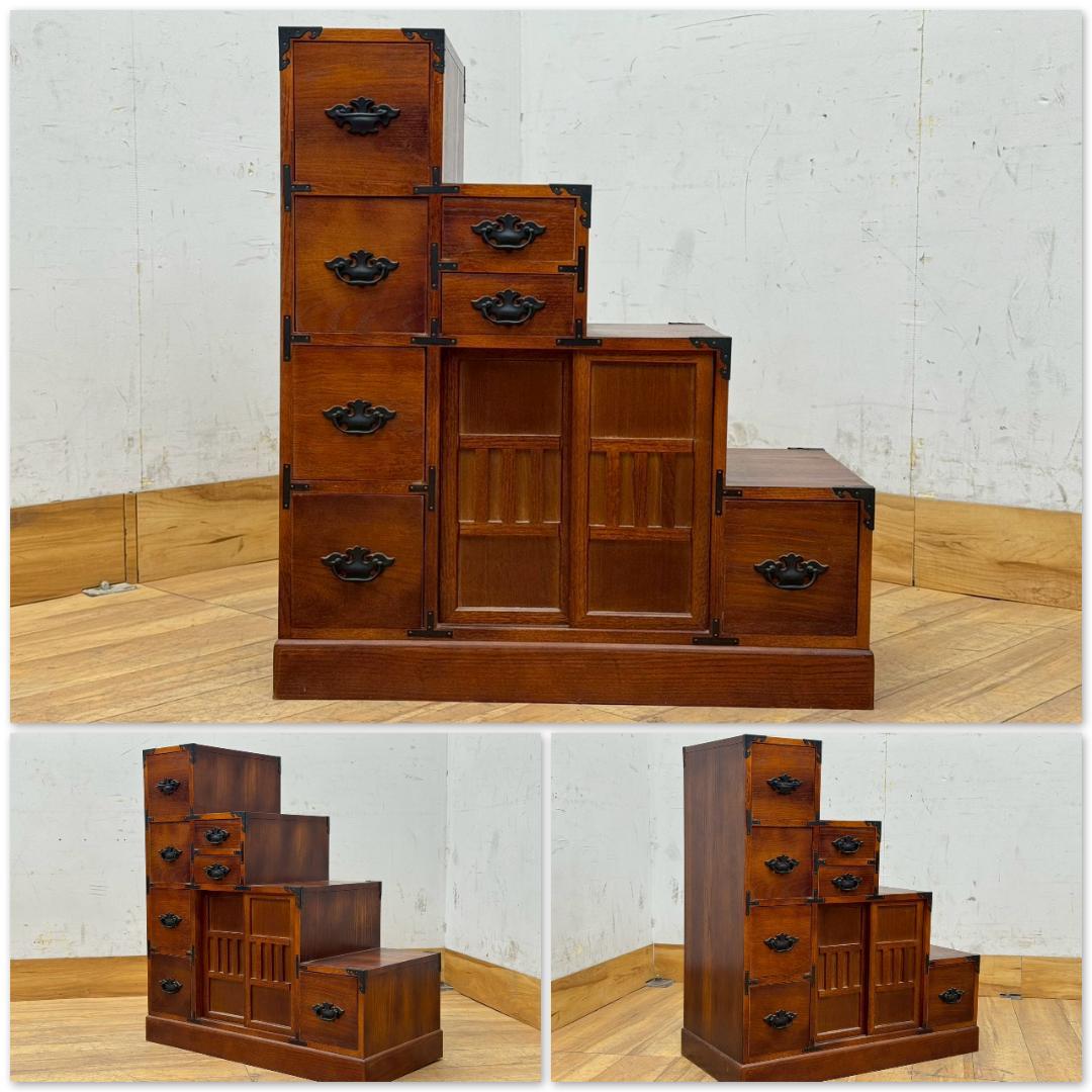 T1618☆階段箪笥　和箪笥　時代箪笥　古家具　昭和レトロ　両面　小引出　収納